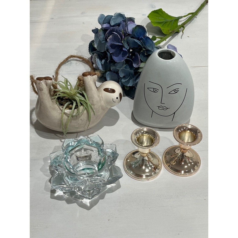 Lot of Sloth Planter Face Vase Candle Holders Set Home Decor Accent Pieces‎